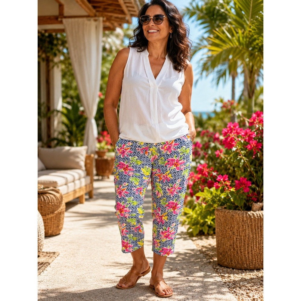 Jessica Riley Pants Womens PL Multicolor Floral Crop Stretch Resort Lilly Style